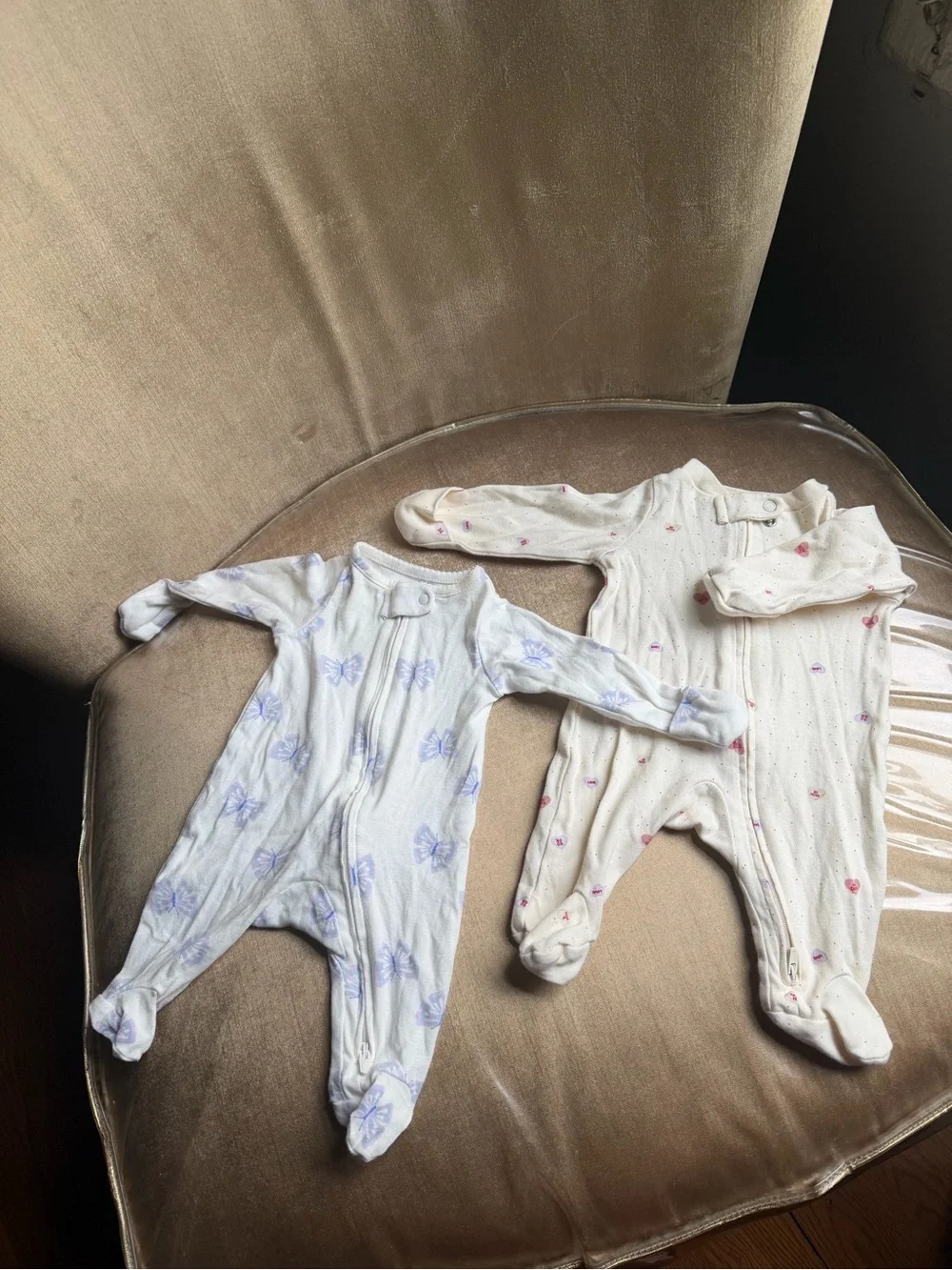 Carter's Cream & White Baby Footed One-Piece Pajamas with Pink and Purple Prints